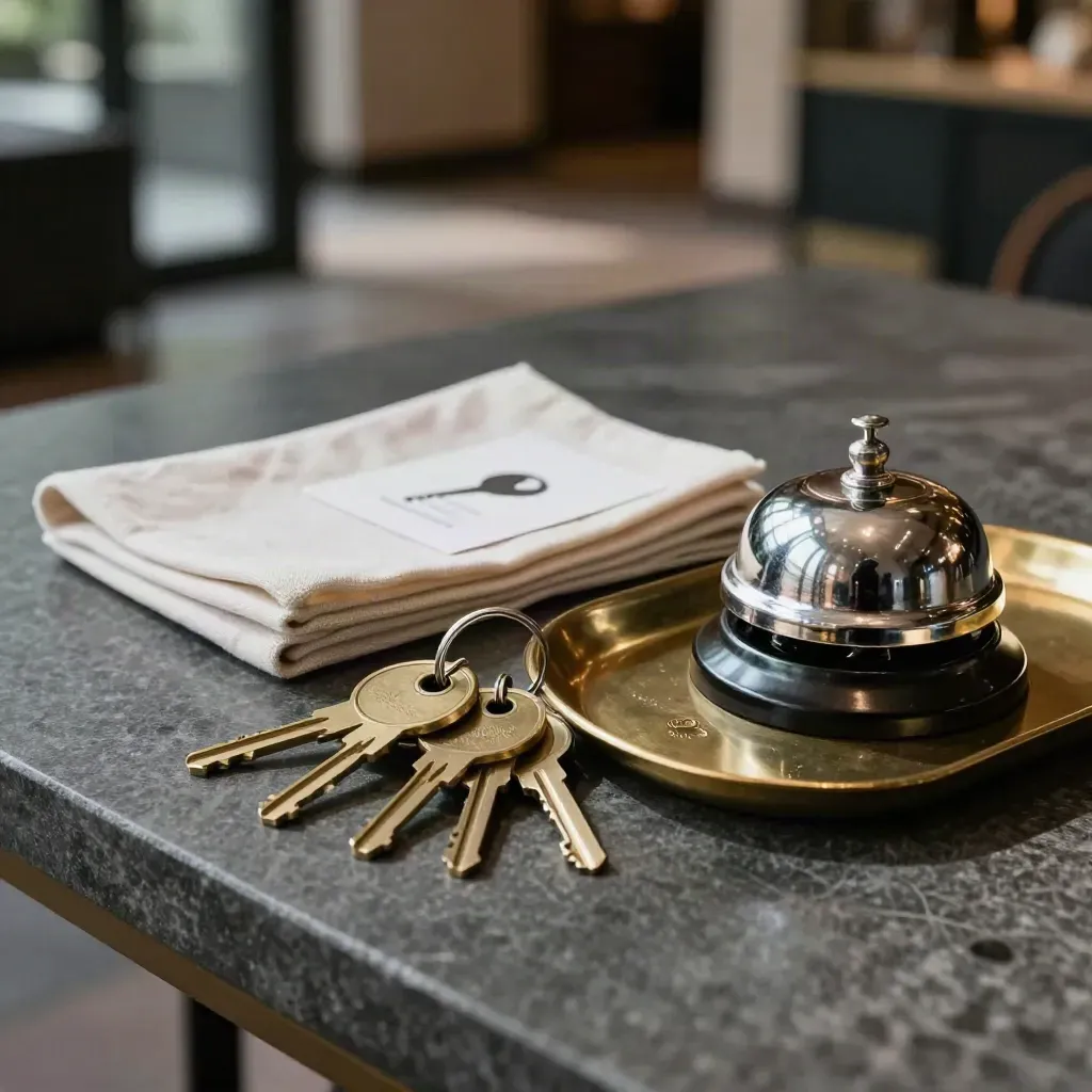Brass hotelsleutels, bel en servicekaartjes op donkere steen in luxe still life.