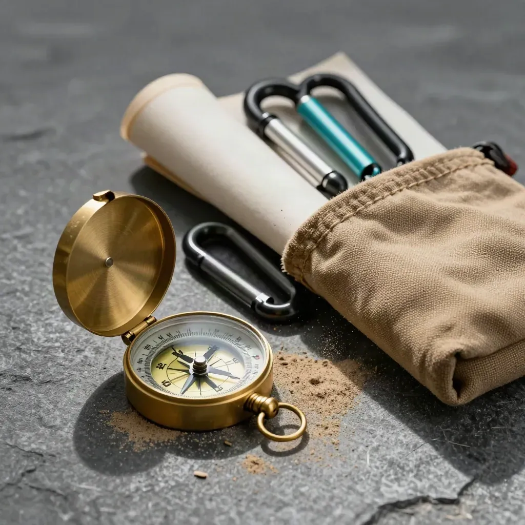 Brass kompas, karabiner en opgerolde routekaart op steen met turkooizen accent.