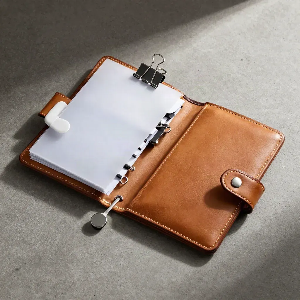 Bovenaanzicht van een leren reisetui met clips en sleeves op grafietbeton in zacht daglicht