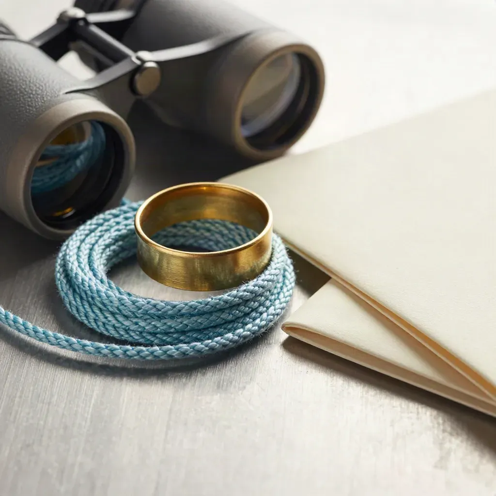 Macro van maritieme reisspullen: opgerolde koord, messing ring en documentpouch op geborsteld metaal.