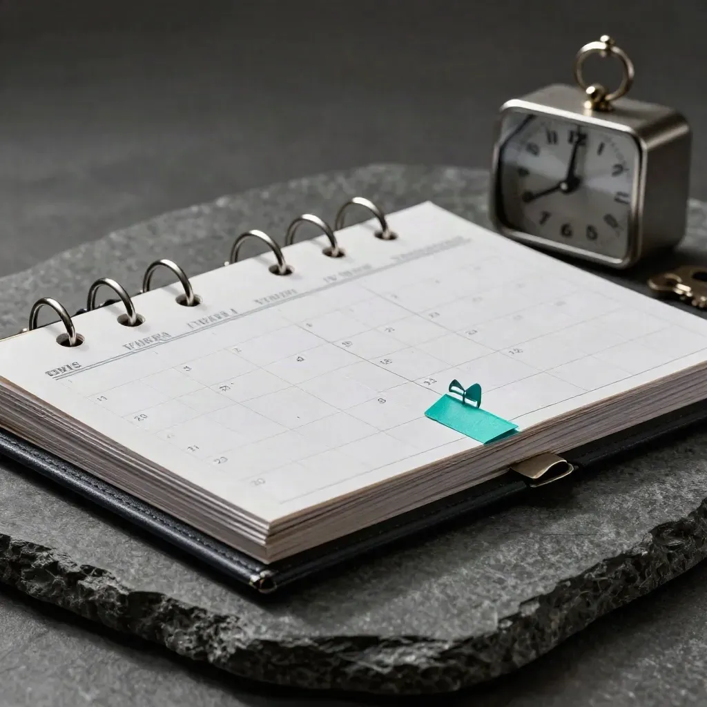 Metalen kalender-tabs, dividerkaarten, timer en ringband in een dramatisch stilleven.