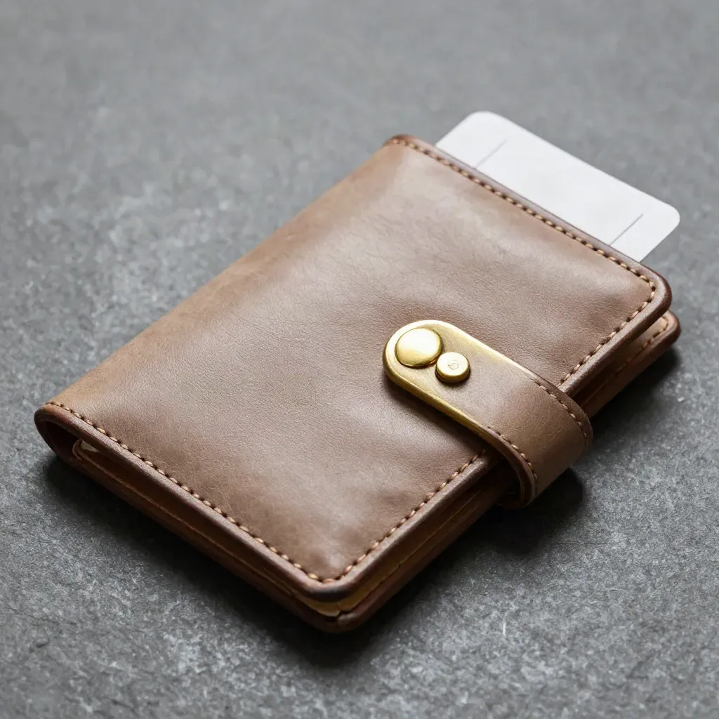Close-up van een leren boekingsportefeuille met messing sluiting op een donkere steen.