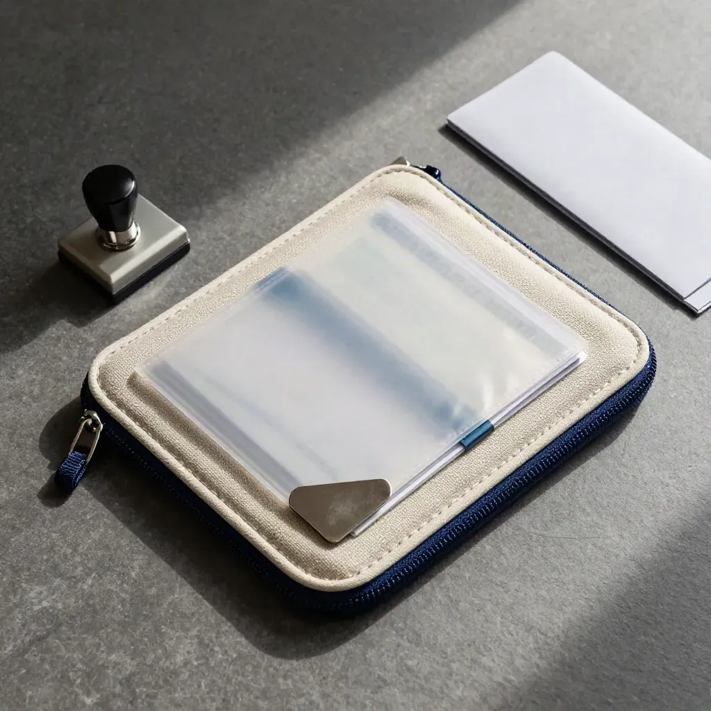 Platliggende documentpouch met paspoorthouder en stempeldoosje op grijze steen.