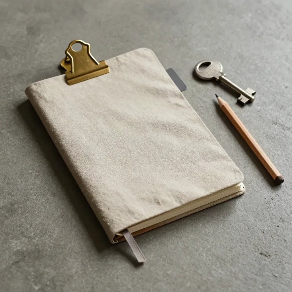 Bovenaanzicht van een gesloten reisnotitieboek met messing bladwijzer en tabs op grijze beton.