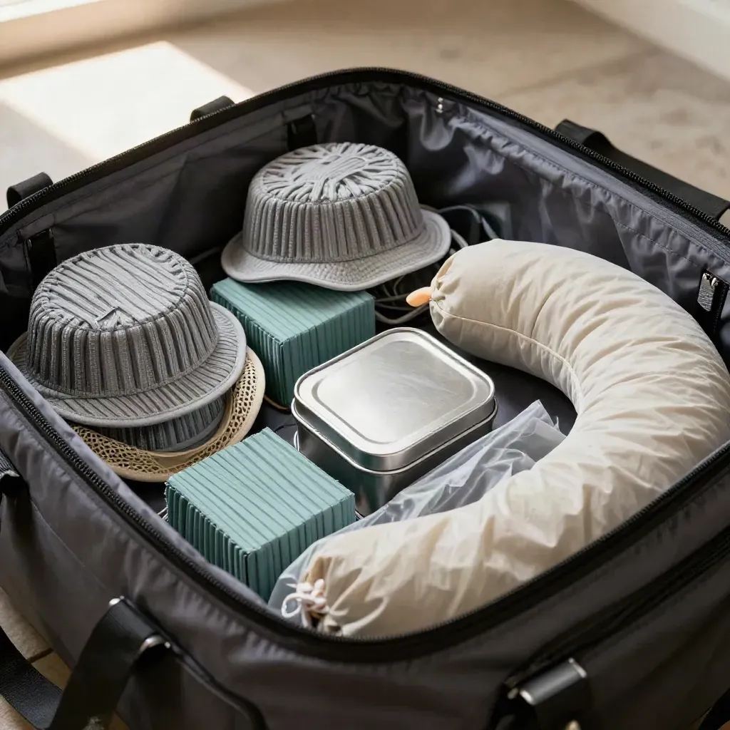 Macro van een halfgevulde reistas met packing cubes, kindermutsen, snackblik en regenponcho.