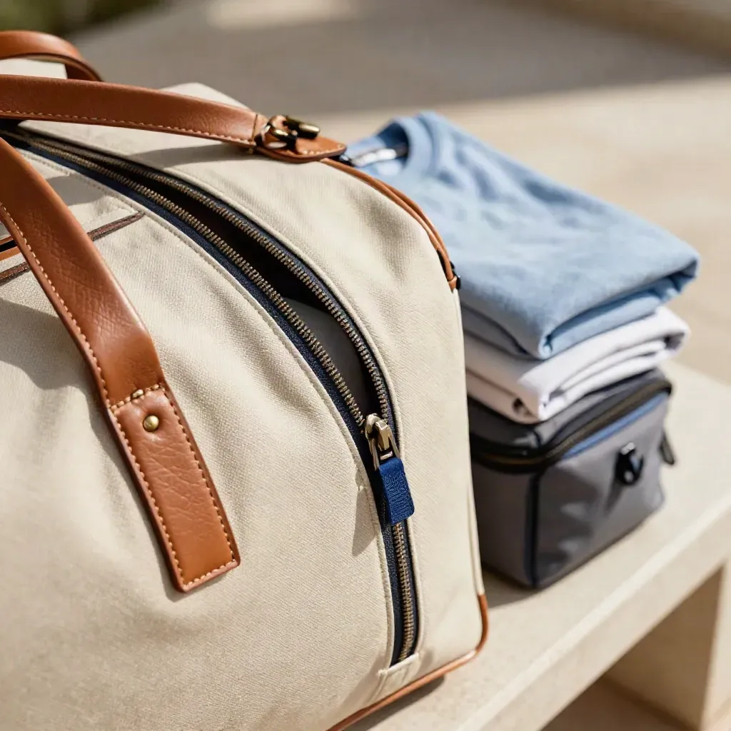 Halfgesloten weekender met toilettas, T-shirt en schoenenzak in zacht daglicht