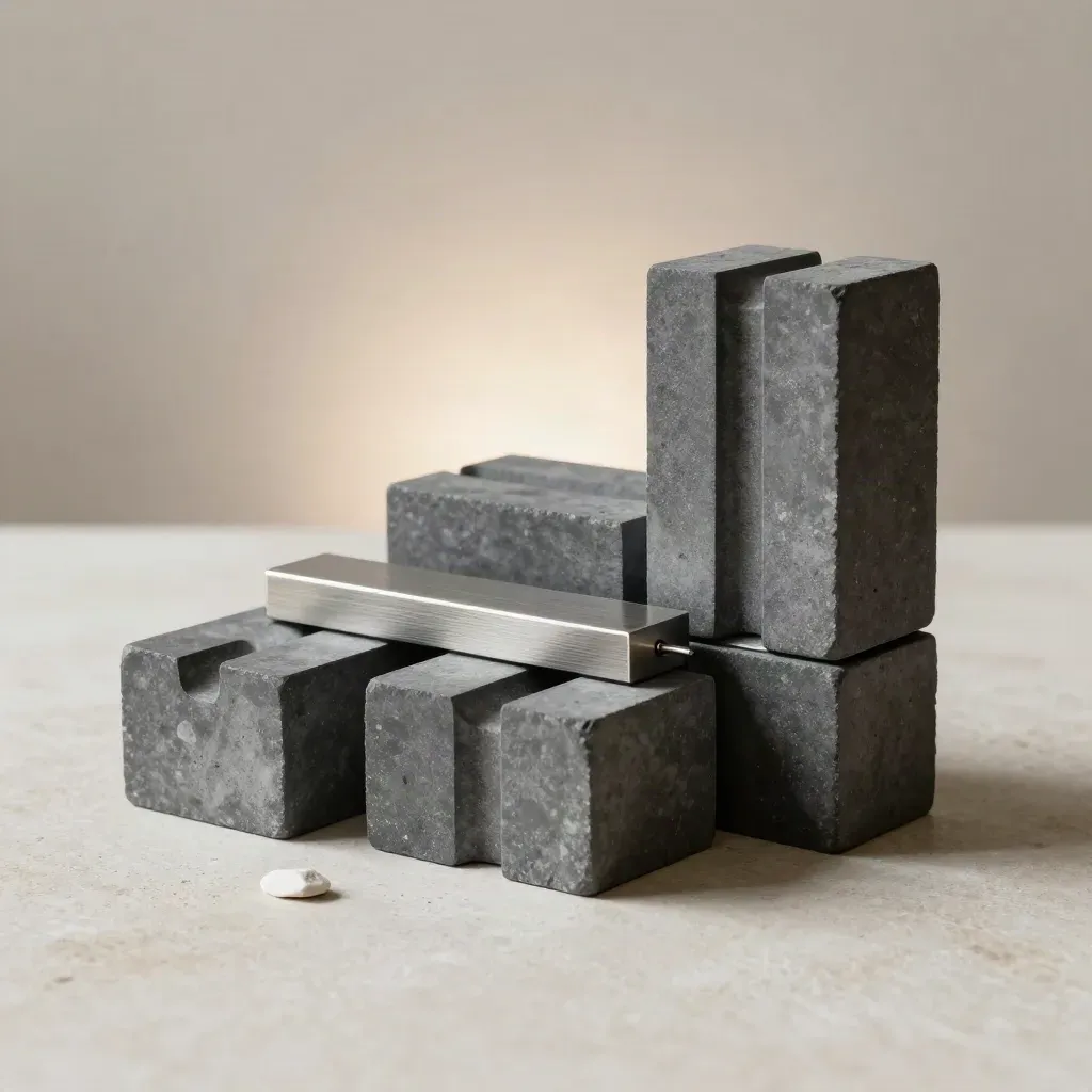 Graphietblokken en metalen verbindingsdelen op een lichte stenen ondergrond in dramatisch licht.