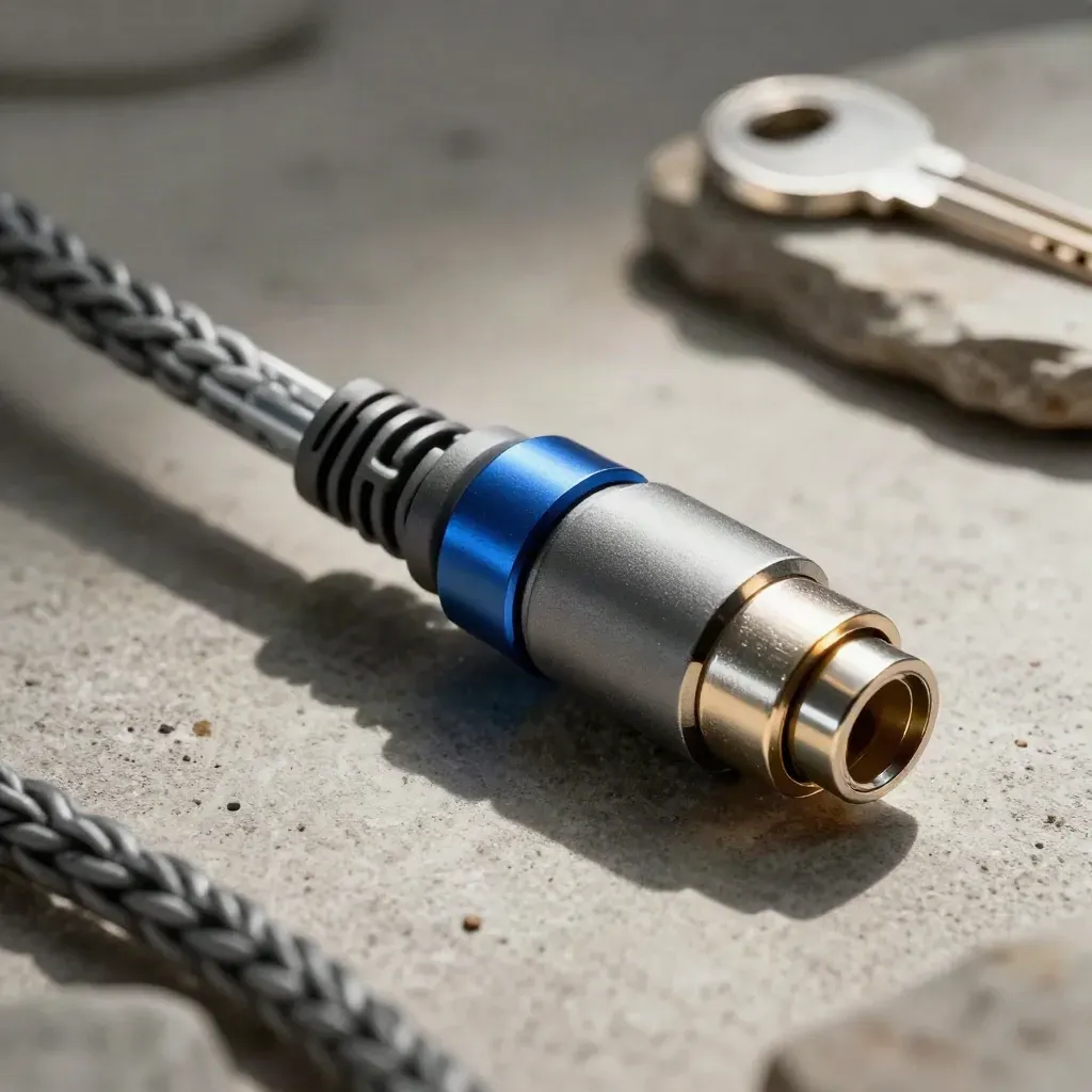 Macro van connectoren, kabel en rail in een premium stilleven met koele grafiettinten.