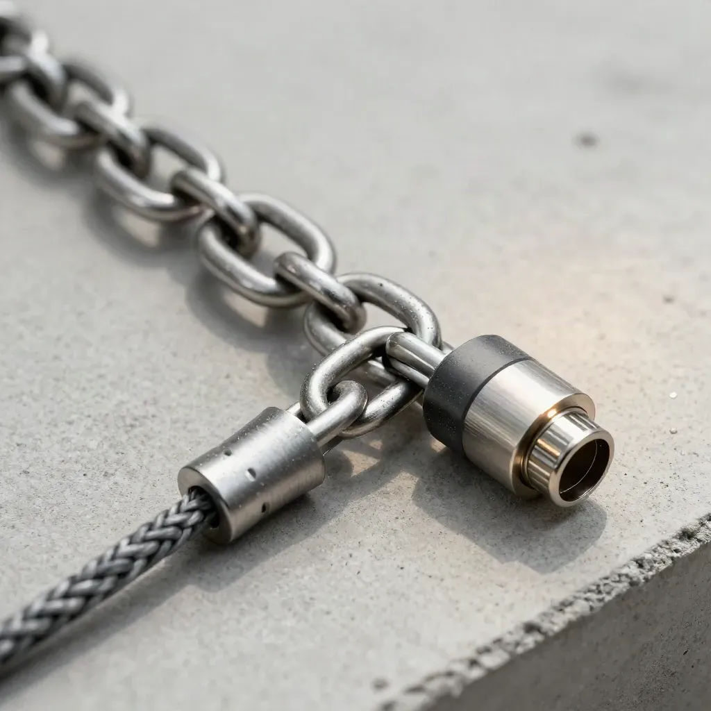 Bovenaanzicht van stalen ringen, kabel en connector op koelgrijs beton met fijn metaalstof.
