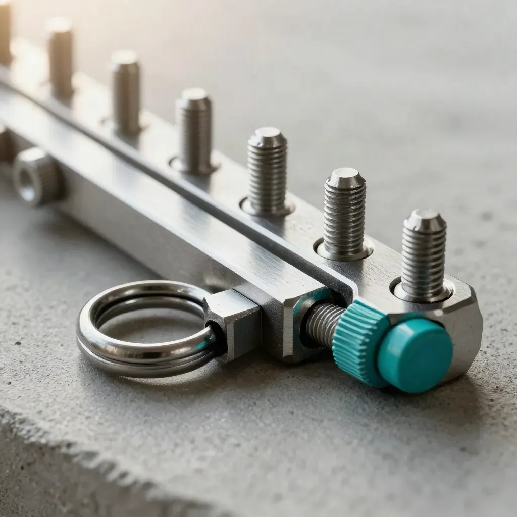 Extreme macro van metalen koppelstukken en een splitring op koele steen met turquoise accent.